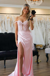 Blush Off the Shoulder Mermaid Satin Long Corset Prom Dress with Appliques